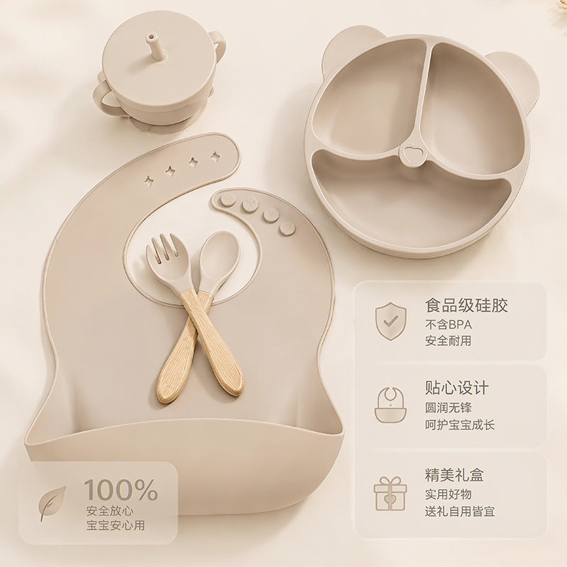 Cross-border children's silicone tableware set, five-piece set, children's dinner plate, mother and baby food supplements, food bowl, silicone spoon - image 1