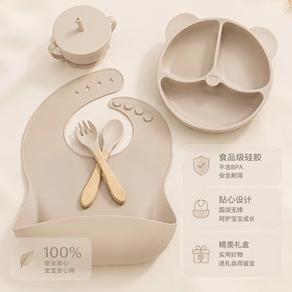 Cross-border children's silicone tableware set, five-piece set, children's dinner plate, mother and baby food supplements, food bowl, silicone spoon - image 1