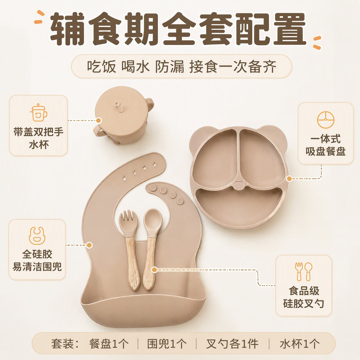 Cross-border children's silicone tableware set, five-piece set, children's dinner plate, mother and baby food supplements, food bowl, silicone spoon - image 2