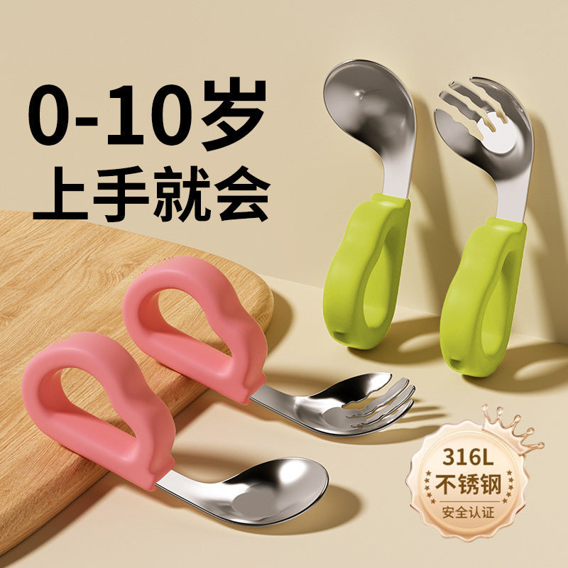 Baby spoon for training infants to eat independently, special stainless steel fork and spoon for learning to eat, children's tableware - image 1