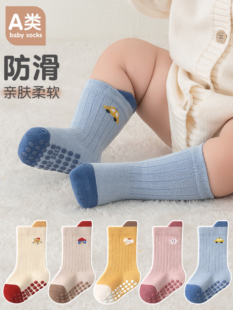 26 Korean-style large-area dotted cartoon baby socks for infants and toddlers, children's floor socks with playful vertical stripes and anti-slip features - image 1