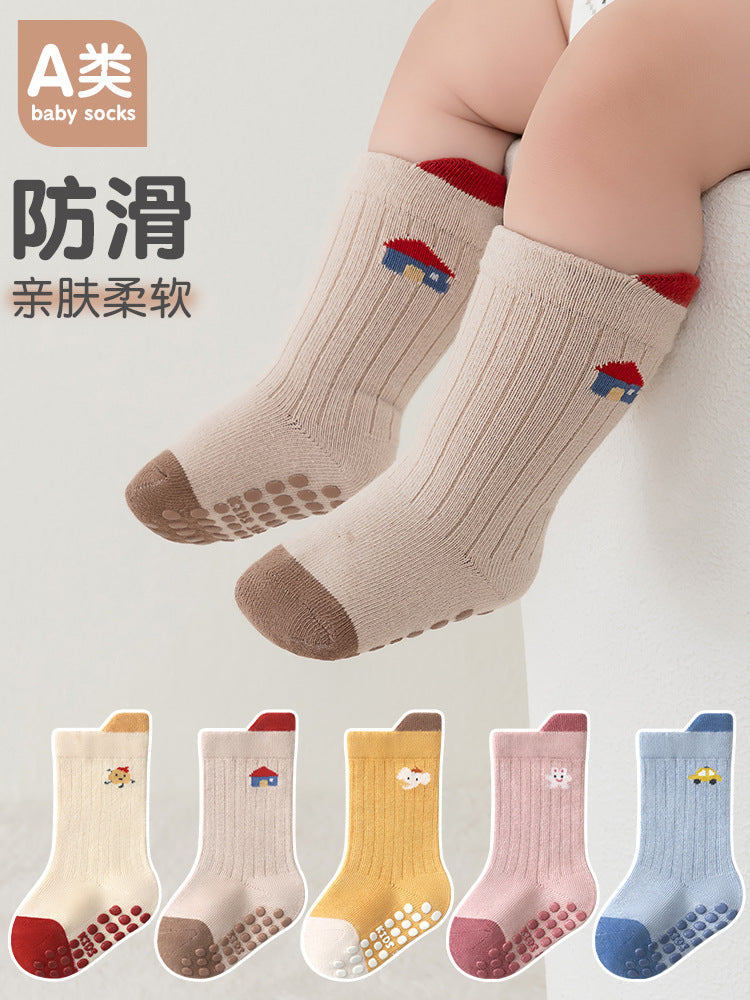 26 Korean-style large-area dotted cartoon baby socks for infants and toddlers, children's floor socks with playful vertical stripes and anti-slip features - image 2