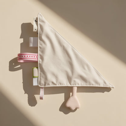 Handmade cotton baby tag blanket toy with cartoon design, tags, hanging attachment, and crinkle paper - view 2