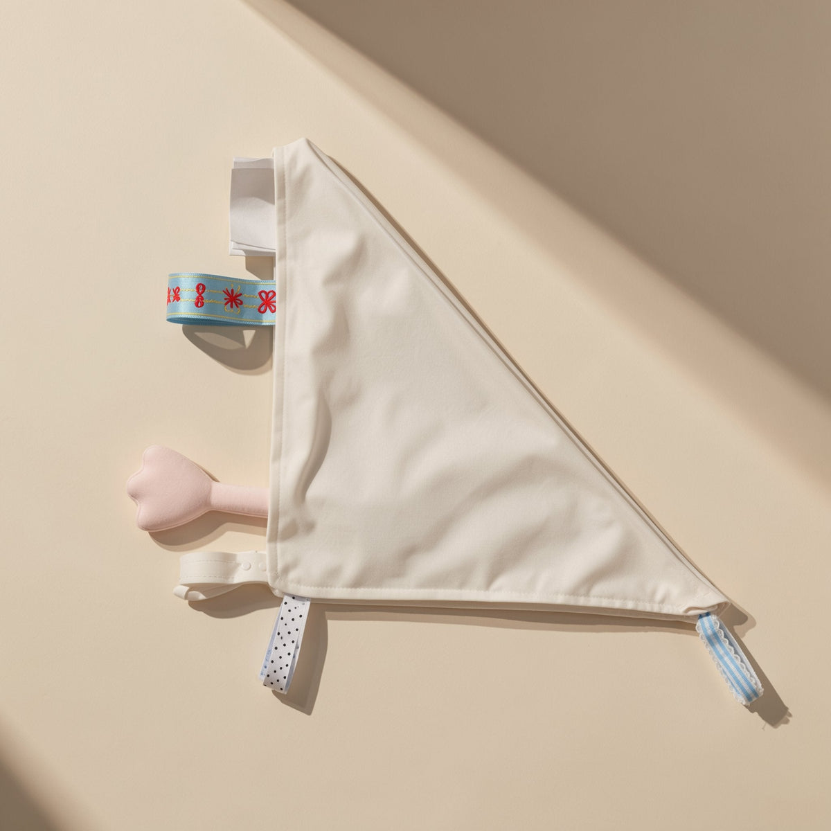 Handmade cotton baby tag blanket toy with cartoon design, tags, hanging attachment, and crinkle paper - view 4