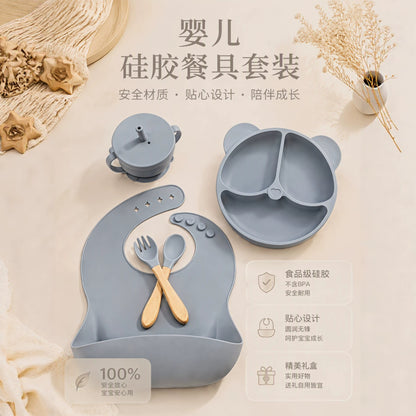 Cross-border children's silicone dinnerware set, five-piece set of baby and maternity products, baby food bowl, silicone baby bowl, baby food spoon - image 1