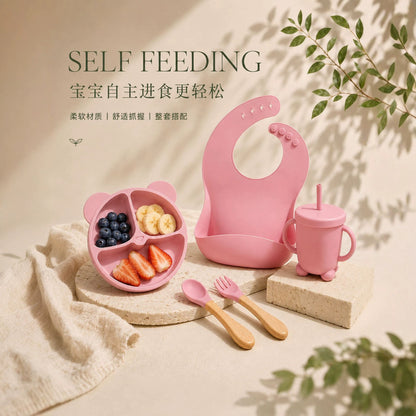 Cross-border children's silicone dinnerware set, five-piece set of baby and maternity products, baby food bowl, silicone baby bowl, baby food spoon - image 3