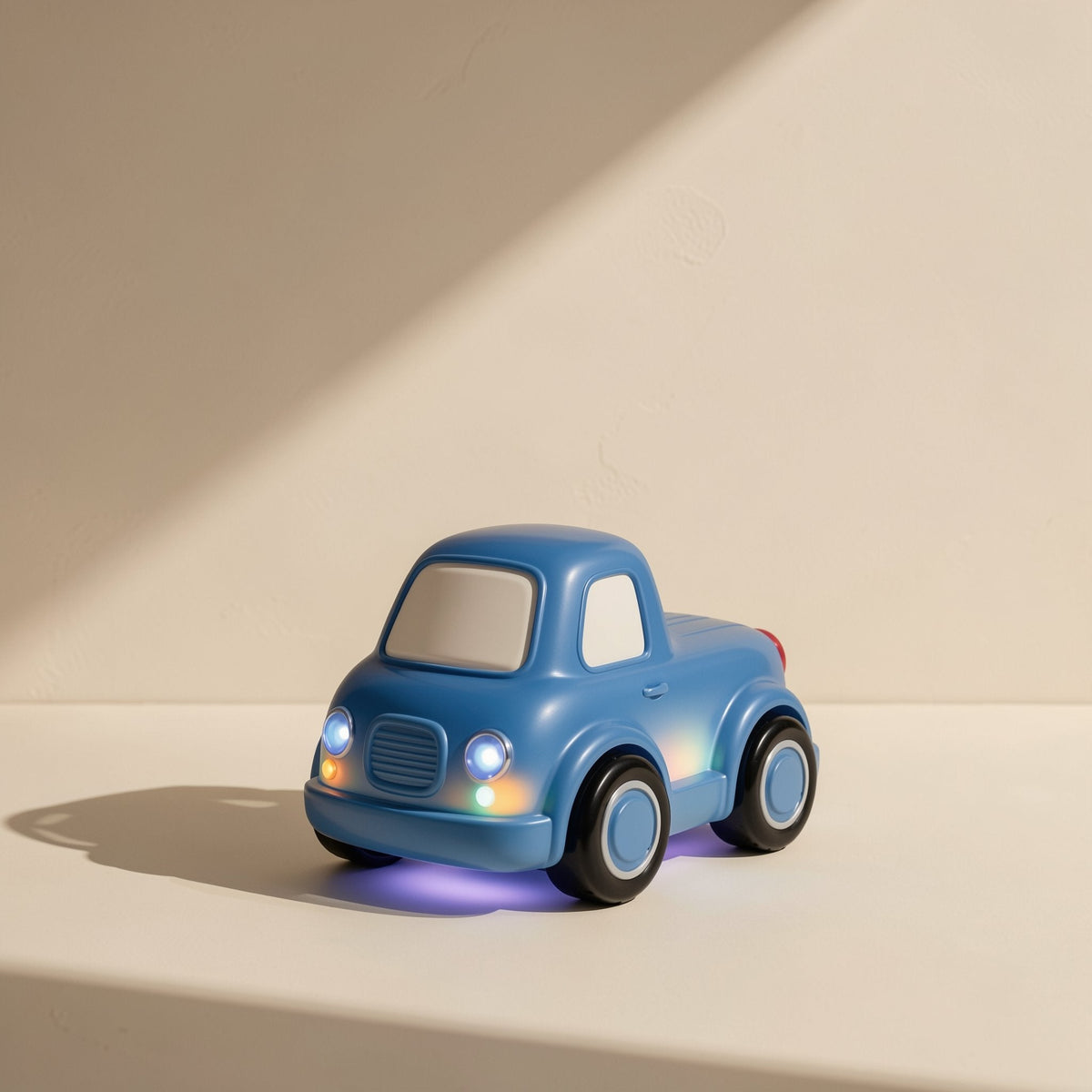 Cartoon-style vinyl toy car with touch-activated multicolored flashing lights