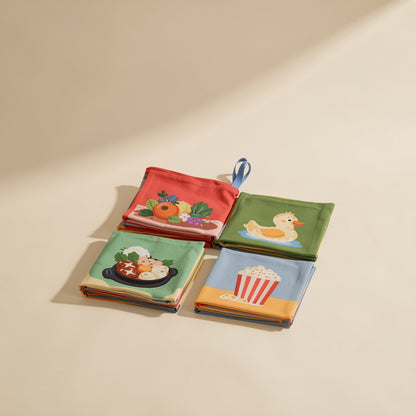 English baby cloth book with 4 pages and animal, people, and food subjects