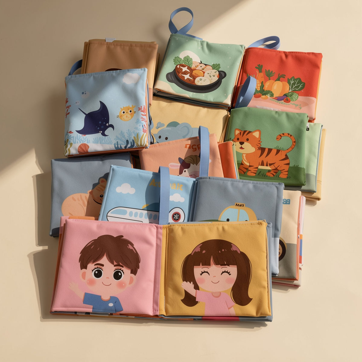 English baby cloth book with 4 pages and animal, people, and food subjects - view 3