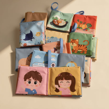 English baby cloth book with 4 pages and animal, people, and food subjects - view 3