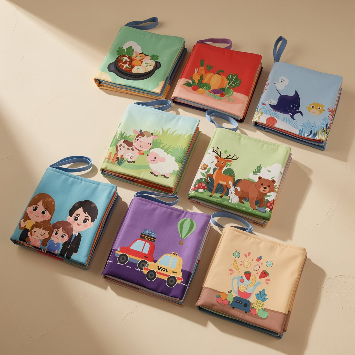 English baby cloth book with 4 pages and animal, people, and food subjects - view 5