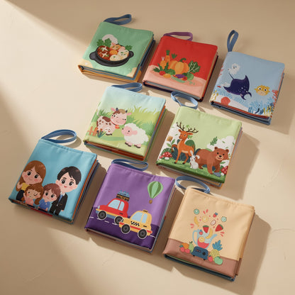 English baby cloth book with 4 pages and animal, people, and food subjects - view 5