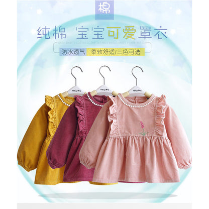 Baby apron made of pure cotton, waterproof, reverse-wear, corduroy long-sleeve apron for girls, princess-style kindergarten feeding clothes - image 2