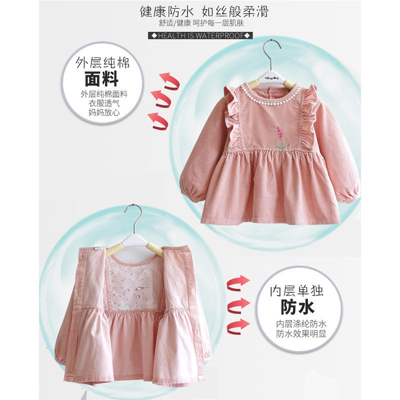 Baby apron made of pure cotton, waterproof, reverse-wear, corduroy long-sleeve apron for girls, princess-style kindergarten feeding clothes - image 3