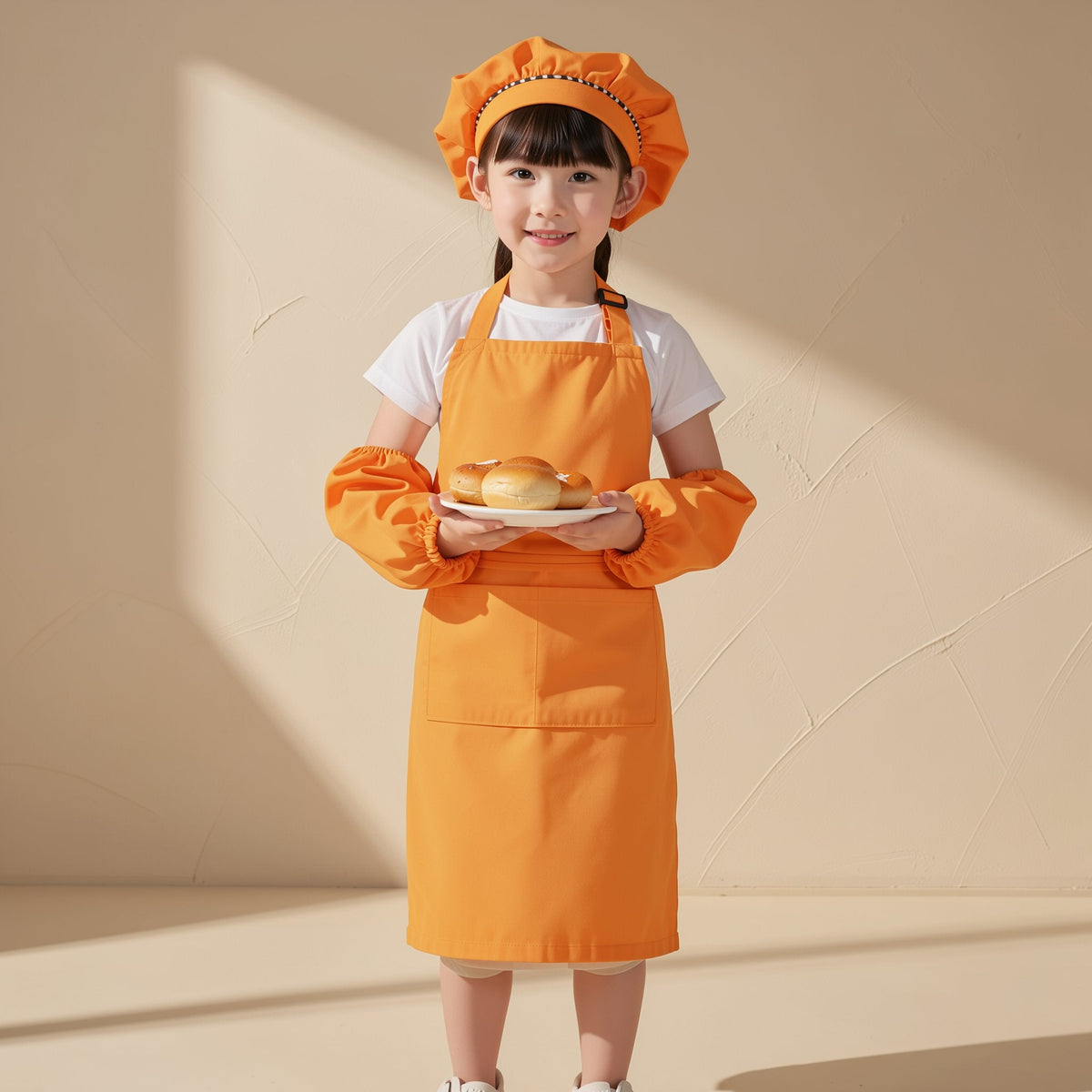 Children's solid-color sleeveless apron with two large divided pockets