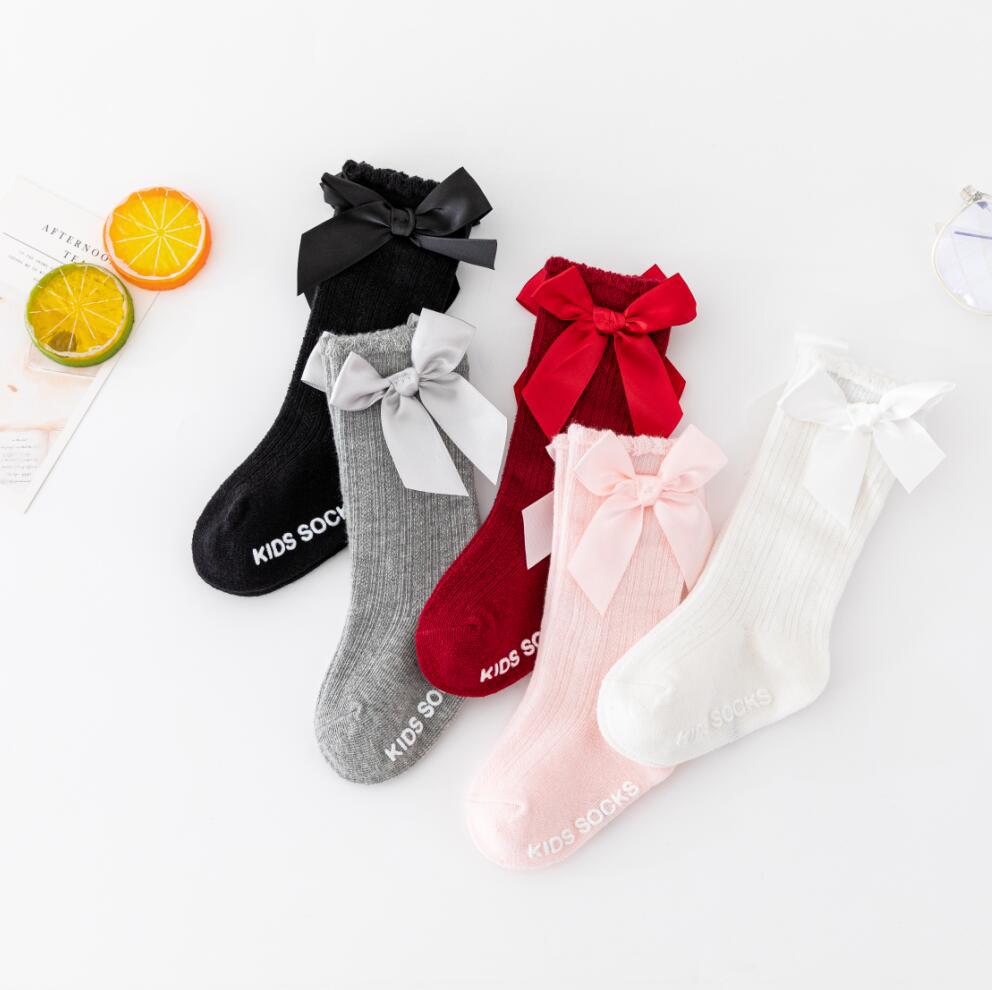 New Pure Color Stripesd Stockings for Boys and Girls, Pure Cotton Non-Slip Bubble Mouth Baby Bow Mid-Calf Socks Wholesale - image 1