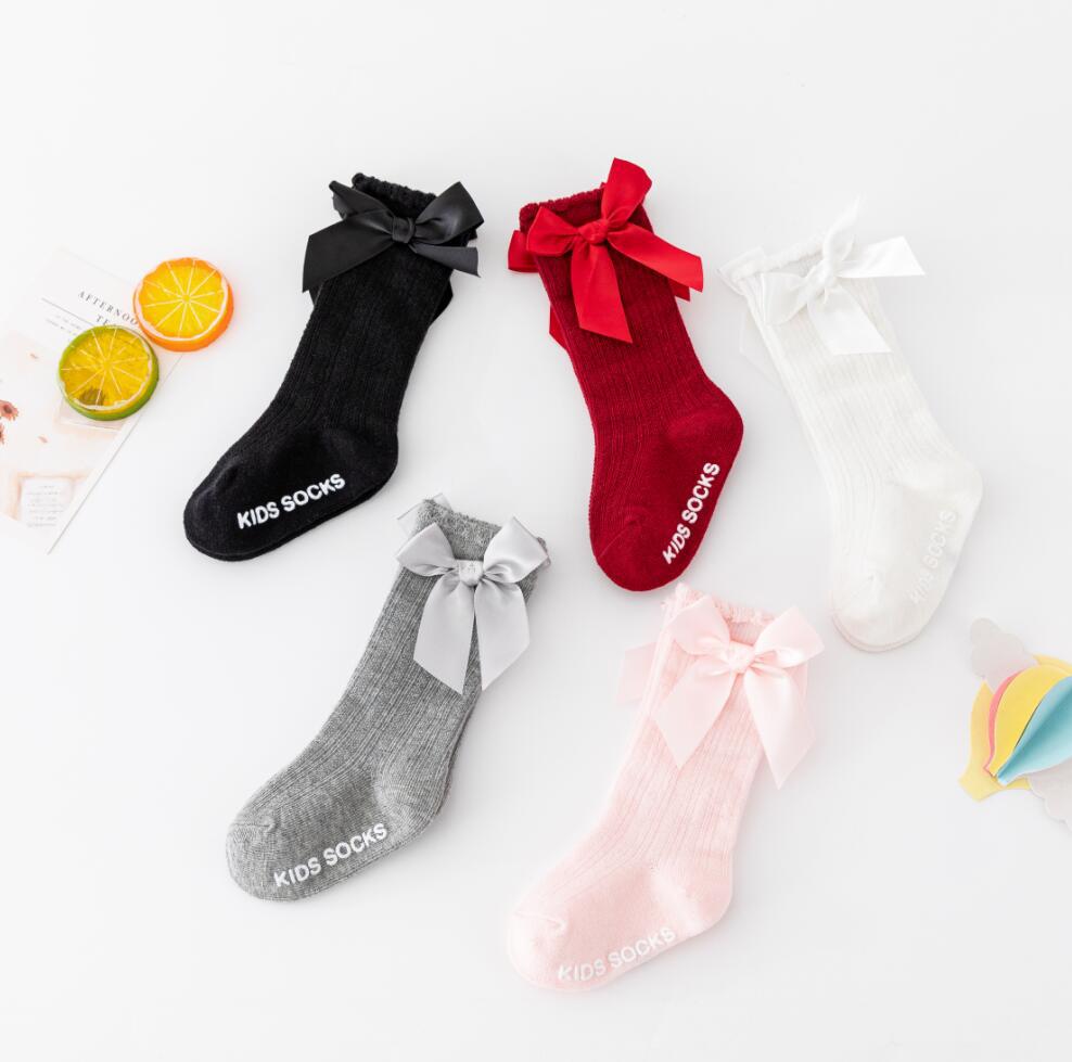 New Pure Color Stripesd Stockings for Boys and Girls, Pure Cotton Non-Slip Bubble Mouth Baby Bow Mid-Calf Socks Wholesale - image 2