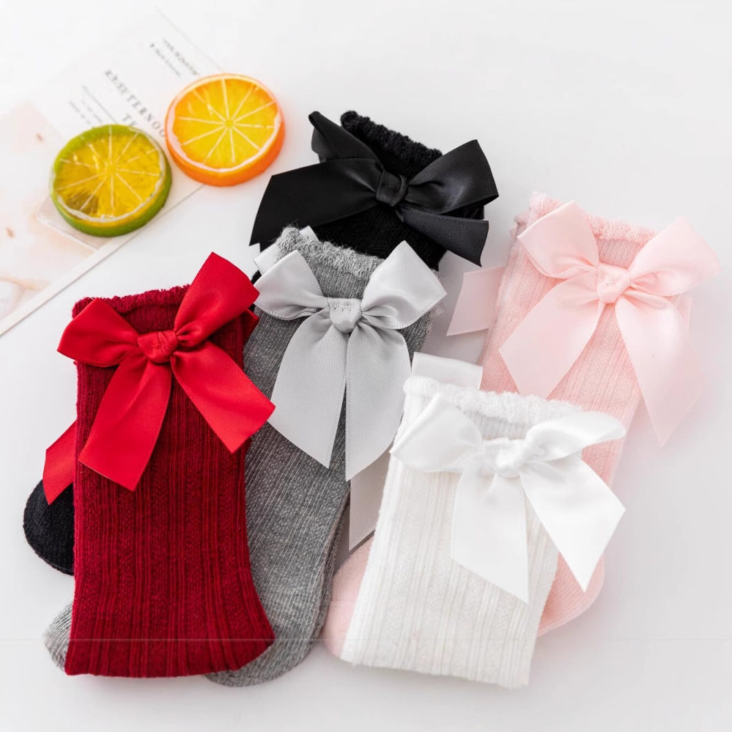 New Pure Color Stripesd Stockings for Boys and Girls, Pure Cotton Non-Slip Bubble Mouth Baby Bow Mid-Calf Socks Wholesale - image 3