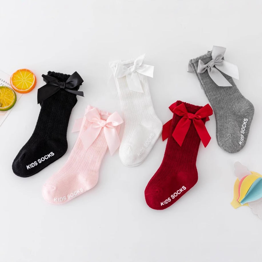 New Pure Color Stripesd Stockings for Boys and Girls, Pure Cotton Non-Slip Bubble Mouth Baby Bow Mid-Calf Socks Wholesale - image 4