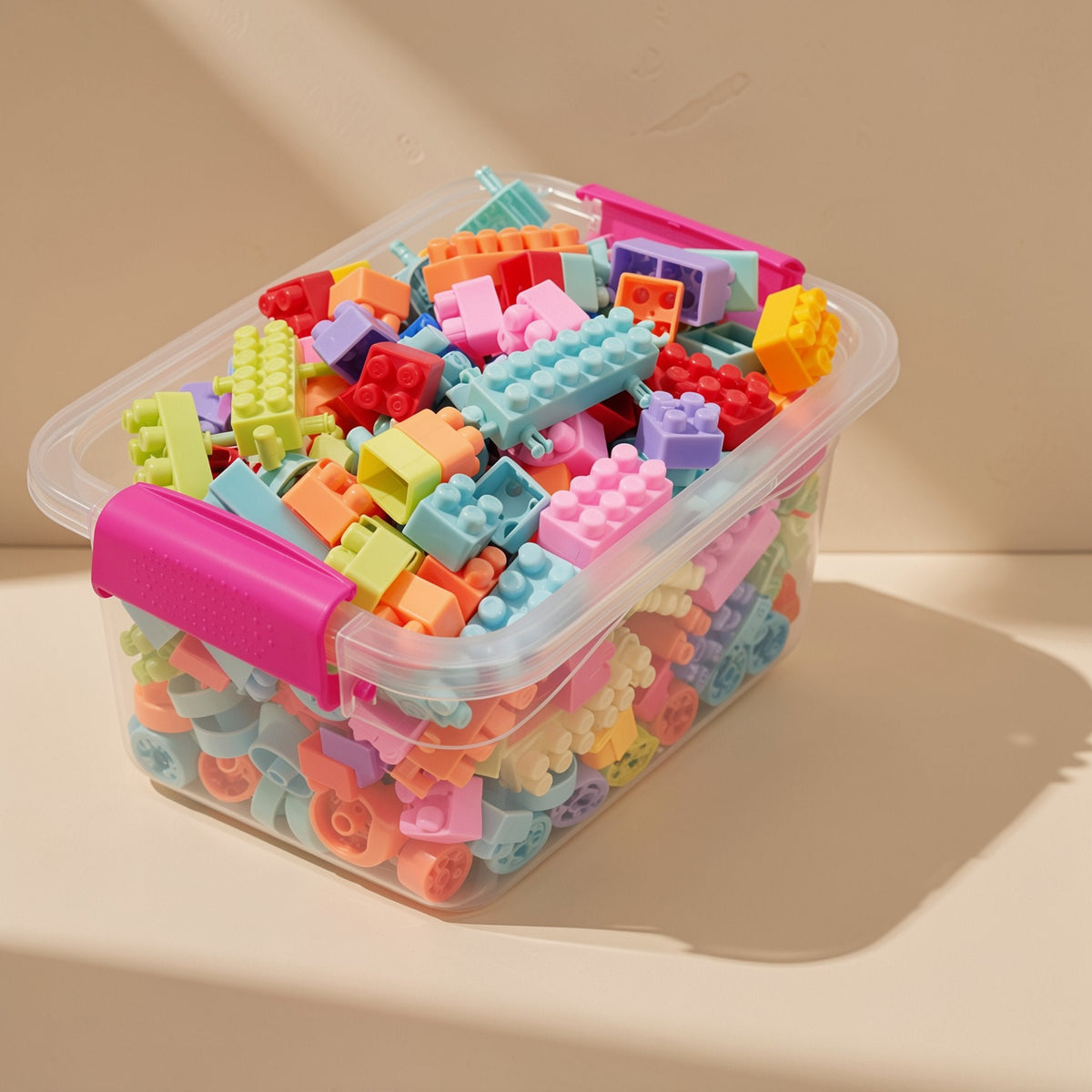 Plastic building blocks set described with large and small particles