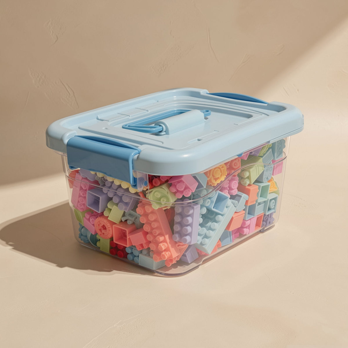 Plastic building blocks set described with large and small particles - view 3
