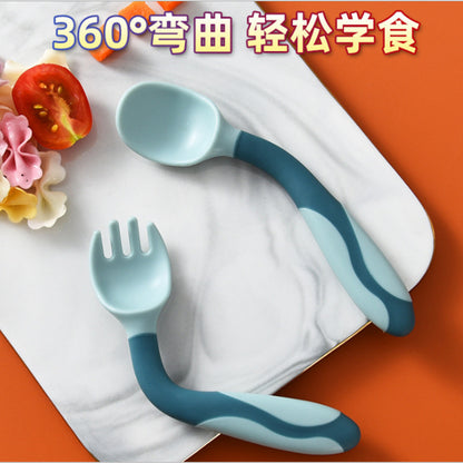 Big Eye Small Monster Baby Feeding Training Elbow Twist Spoon Fork Set Bendable Training Spoon - image 1