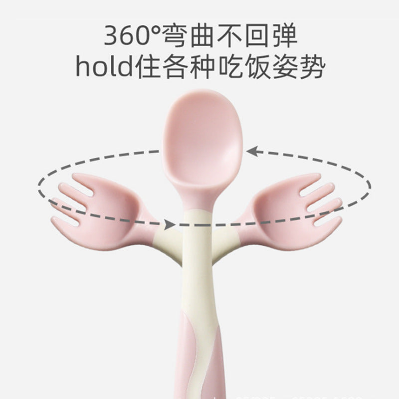 Big Eye Small Monster Baby Feeding Training Elbow Twist Spoon Fork Set Bendable Training Spoon - image 2