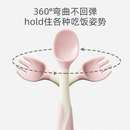 Big Eye Small Monster Baby Feeding Training Elbow Twist Spoon Fork Set Bendable Training Spoon - image 2