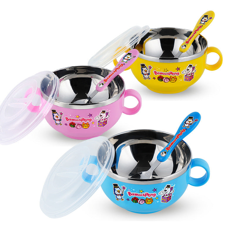 Stainless Steel Cartoon Children's Bowl Double Handle with Lid Heat Insulation Baby Baby Soup Rice Bowl Kindergarten Dining Bowl 420ml - image 1