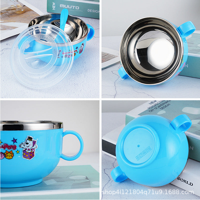 Stainless Steel Cartoon Children's Bowl Double Handle with Lid Heat Insulation Baby Baby Soup Rice Bowl Kindergarten Dining Bowl 420ml - image 2