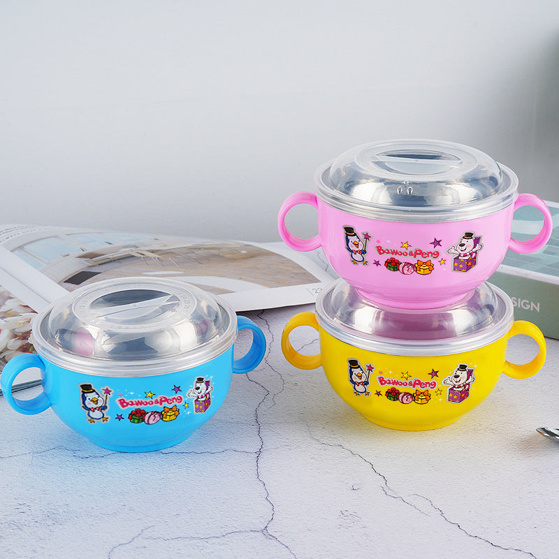 Stainless Steel Cartoon Children's Bowl Double Handle with Lid Heat Insulation Baby Baby Soup Rice Bowl Kindergarten Dining Bowl 420ml - image 3