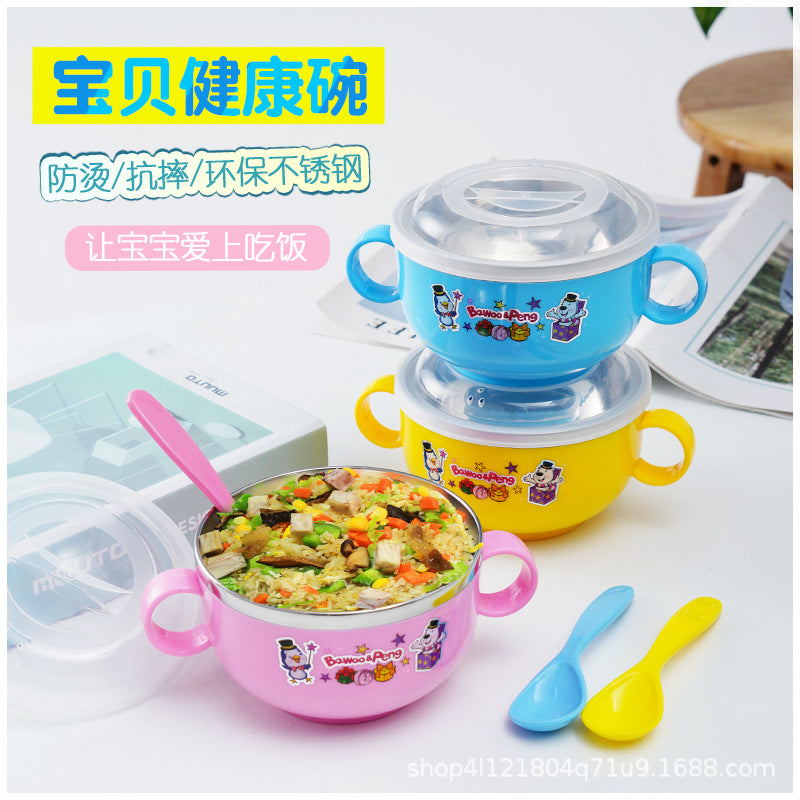 Stainless Steel Cartoon Children's Bowl Double Handle with Lid Heat Insulation Baby Baby Soup Rice Bowl Kindergarten Dining Bowl 420ml - image 4