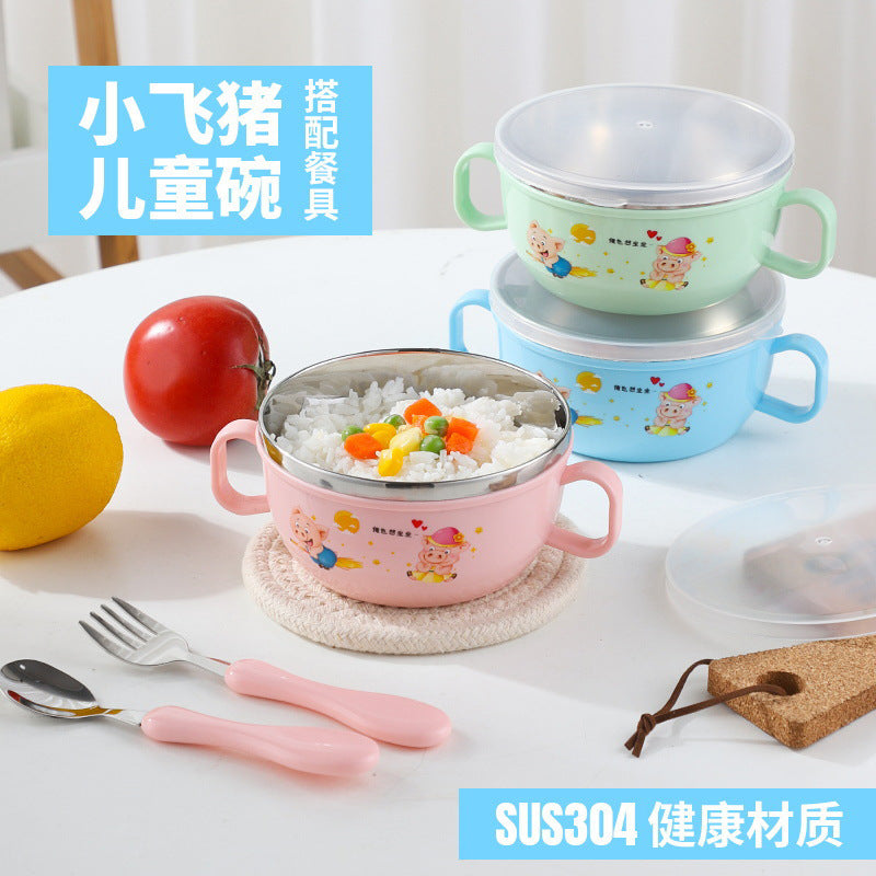 304 children's stainless steel bowl insulation baby's double ear bowl cartoon children's BB bowl with lid children's bowl complementary food bowl - image 1