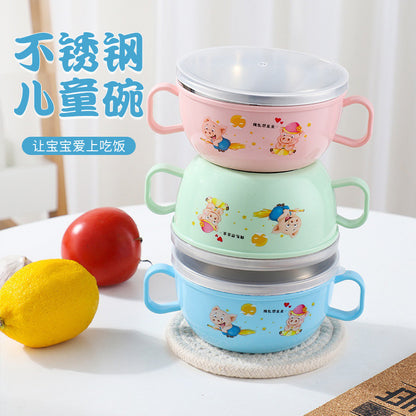 304 children's stainless steel bowl insulation baby's double ear bowl cartoon children's BB bowl with lid children's bowl complementary food bowl - image 2