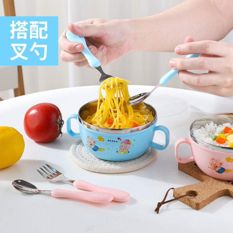 304 children's stainless steel bowl insulation baby's double ear bowl cartoon children's BB bowl with lid children's bowl complementary food bowl - image 3