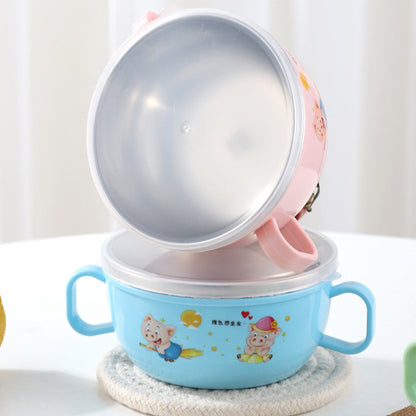 304 children's stainless steel bowl insulation baby's double ear bowl cartoon children's BB bowl with lid children's bowl complementary food bowl - image 4