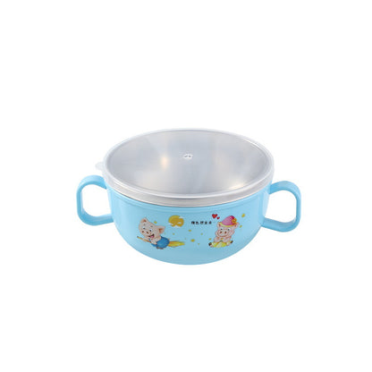 304 children's stainless steel bowl insulation baby's double ear bowl cartoon children's BB bowl with lid children's bowl complementary food bowl - image 5