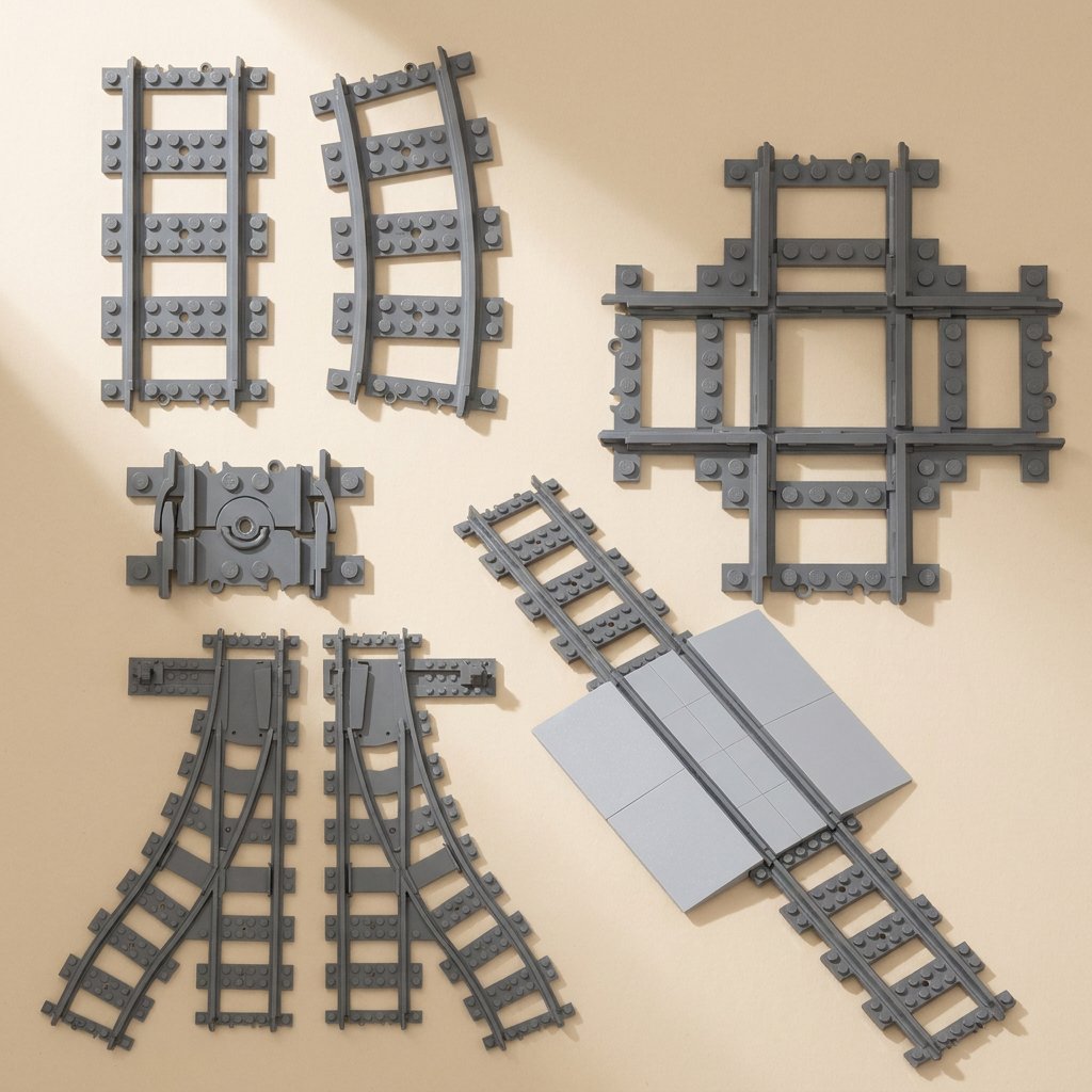 ABS plastic building block train track parts with straight, curved, branching, and crossing forms - view 2