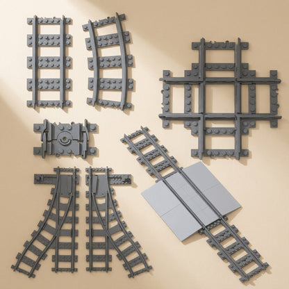ABS plastic building block train track parts with straight, curved, branching, and crossing forms - view 2