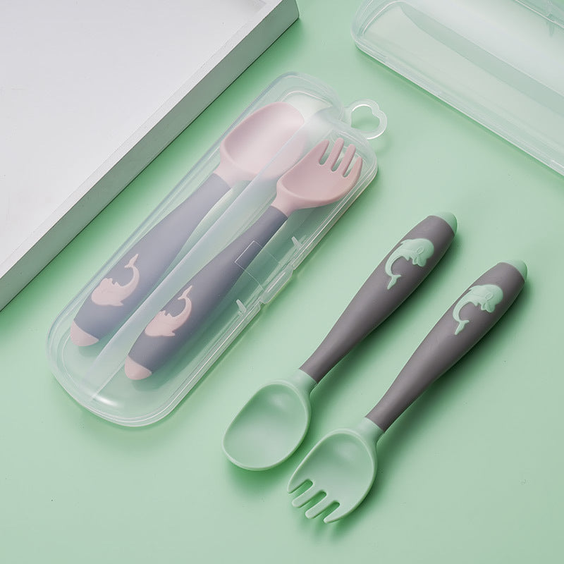 Baby Learning to Eat Training Spoon and Fork Set Household Children's Dining Tableware Crooked Head Elbow Spoon Gift Pack - image 1