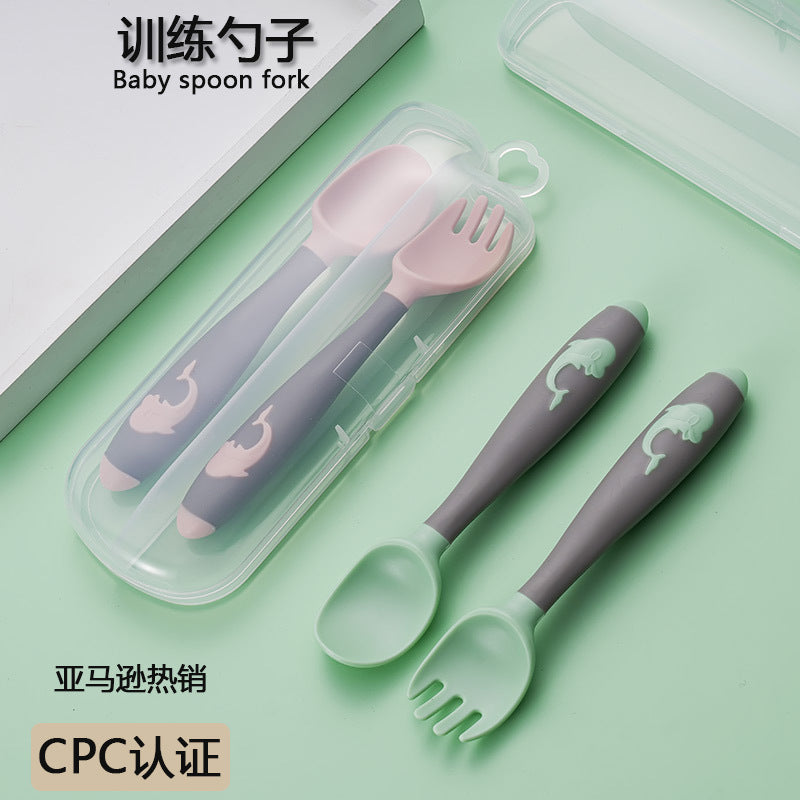 Baby Learning to Eat Training Spoon and Fork Set Household Children's Dining Tableware Crooked Head Elbow Spoon Gift Pack - image 2