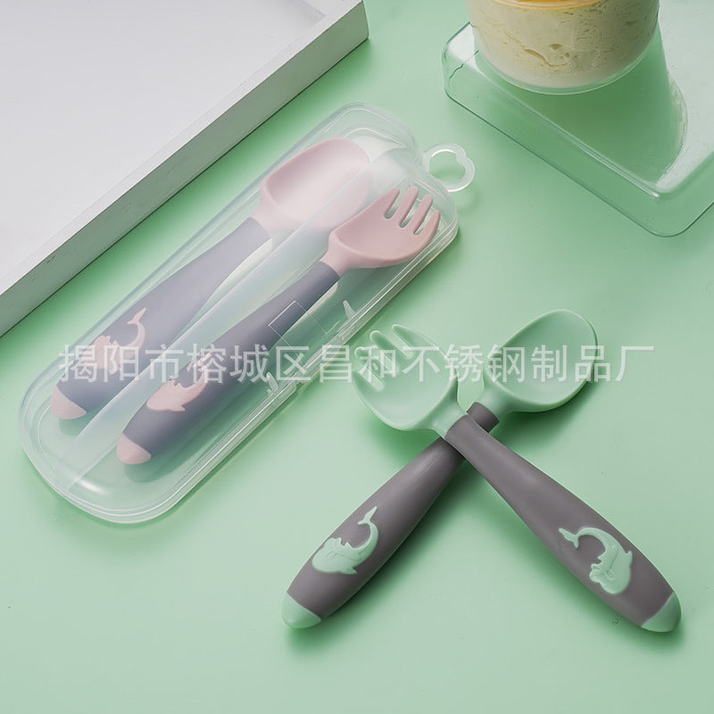 Baby Learning to Eat Training Spoon and Fork Set Household Children's Dining Tableware Crooked Head Elbow Spoon Gift Pack - image 3