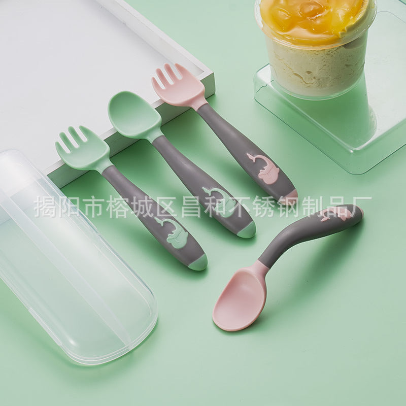 Baby Learning to Eat Training Spoon and Fork Set Household Children's Dining Tableware Crooked Head Elbow Spoon Gift Pack - image 4