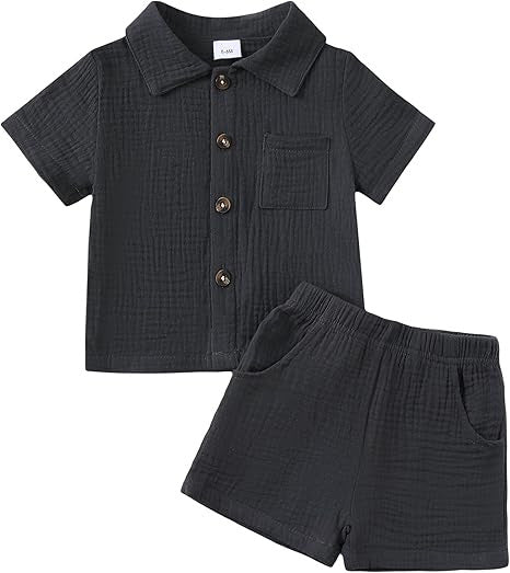 Baby Boy Cotton-linen Solid Color Textured Fabric Lapel Collar