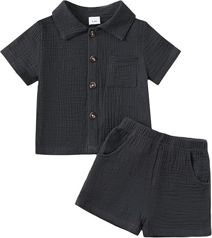 Baby Boy Cotton-linen Solid Color Textured Fabric Lapel Collar