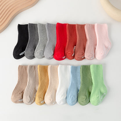 Spring and Autumn Infant Baby Socks Spanish Solid Color Double Needle Children's Socks Vertical Stripe Korean Style Mid-tube Socks Non-slip - image 1