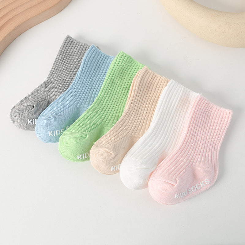 Spring and Autumn Infant Baby Socks Spanish Solid Color Double Needle Children's Socks Vertical Stripe Korean Style Mid-tube Socks Non-slip - image 3