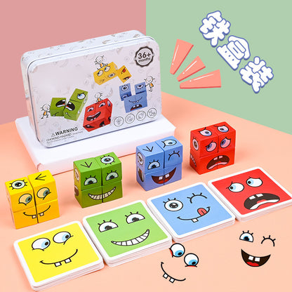 Children's Face-changing Rubik's Cube Building Blocks Educational Toys Parent-child Interactive Desktop Battle Game Wooden Smiley Pattern Rubik's Cube - image 1