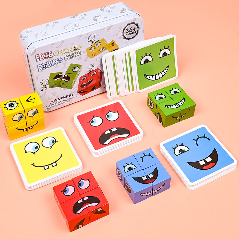 Children's Face-changing Rubik's Cube Building Blocks Educational Toys Parent-child Interactive Desktop Battle Game Wooden Smiley Pattern Rubik's Cube - image 2