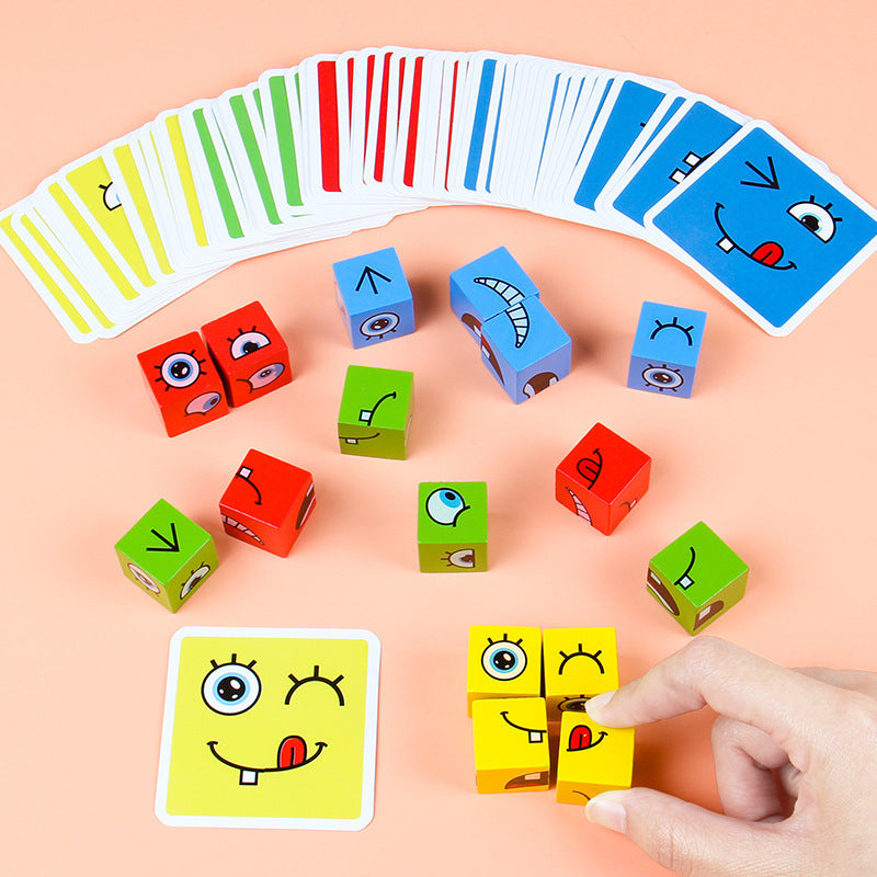 Children's Face-changing Rubik's Cube Building Blocks Educational Toys Parent-child Interactive Desktop Battle Game Wooden Smiley Pattern Rubik's Cube - image 3